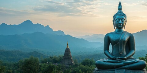 Wall Mural - A towering Buddha statue in front of a majestic pagoda, with mountains in the distance 