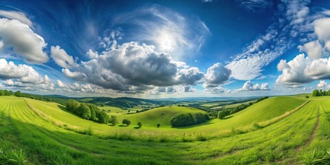 Wall Mural - Wide green landscape with hills and amazing cumulus clouds fisheye view