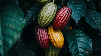 fresh and ripe cocoa pods in the garden