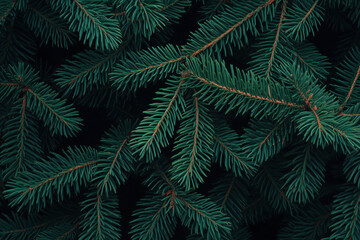 dense lush green pine tree branches, natural textured pattern, dark moody winter nature background. 
