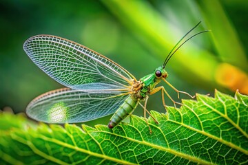 Wall Mural - Wide-Angle Chrysopidae insect with lacewing wings on foliage in the woodland