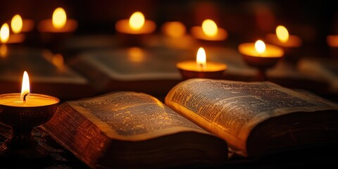 Ancient Buddhist scriptures illuminated by the soft glow of candlelight, emanating wisdom