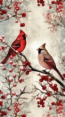 Wall Mural - Winter birds with retro background