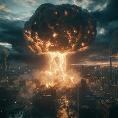 Canvas Print - A massive nuclear explosion engulfs a city in flames, casting a dark and ominous shadow over the skyline.