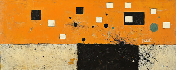 Poster - A painting of a black and white background with orange squares and circles