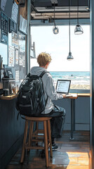 Poster - A man is sitting at a table with a laptop and a backpack. He is looking out the window at the ocean. The scene is peaceful and relaxing, with the man enjoying the view and working on his laptop