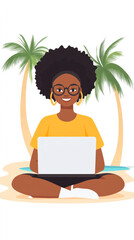 Poster - A woman with a laptop is sitting on the beach. She is smiling and she is enjoying her time