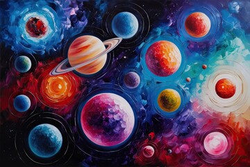 Radiant Celestial Bodies in Colorful Oil Painting - Abstract Cosmic Exploration Decor