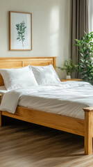 A wooden bed with a white comforter and two pillows. A plant is in the corner of the room