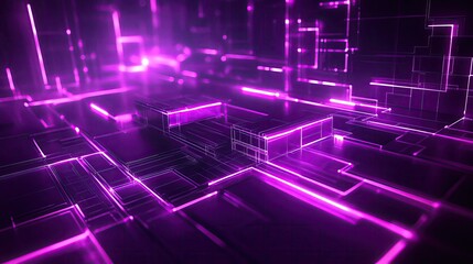 Poster - Vibrant abstract digital landscape featuring glowing purple lines and geometric shapes, perfect for technology and innovation themes.