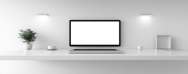 Poster - A computer monitor sits on a white desk with a laptop and a potted plant. The desk is clean and uncluttered, giving off a professional and organized vibe
