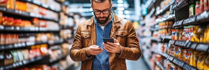 Young Man Browsing Groceries on Smartphone in Supermarket Aisle, Modern Shopping Experience