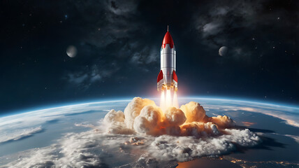 3D rocket in space Business startup and business growth concept, isolated on white background