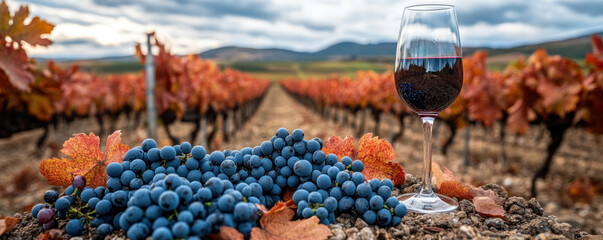 A glass of red wine is on a table next to a bunch of grapes. The scene is set in a vineyard, with rows of grape vines in the background