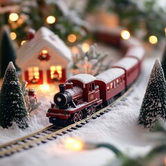 Wall Mural - A miniature red train with a white snowy roof travels through a winter wonderland scene with a small house, snow-covered trees, and twinkling fairy lights.