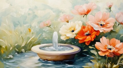 Canvas Print - A painting of a fountain in the water with flowers around it, AI