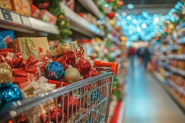 Christmas Ornaments and Gifts in a Shopping Cart