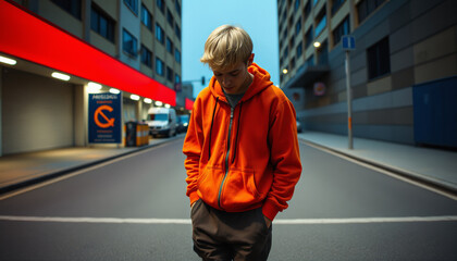 European type teenager with blond hair in a red sweatshirt in the middle of a night city