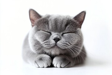 Funny grey Scottish cat on a white background, enjoys, relaxed muzzle