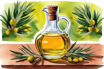 Wall Mural - Handcrafted Glass Decanter of Pure Olive Oil in Watercolor Illustration