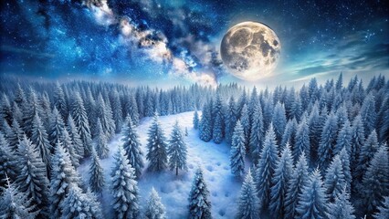 Wall Mural - winter forest aerial view at night with full moon and falling snowflakes