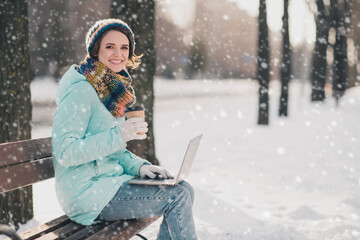 Poster - Profile side photo of charming young woman sit bench good mood hold computer coffee cup in park outside outdoors