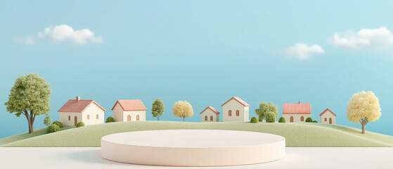 A serene countryside scene featuring charming houses, greenery, and a circular platform against a clear blue sky.