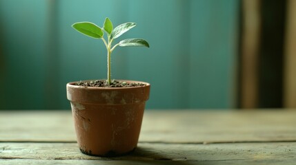 Wall Mural - A Small Green Plant Growing in a Clay Pot