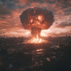 Sticker - A mushroom cloud rises over a city skyline in the aftermath of a nuclear explosion.