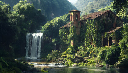 Wall Mural - An overgrown abandoned house nestled in a lush jungle by a cascading waterfall.