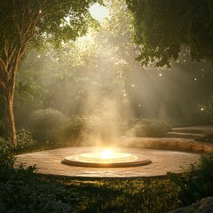 Poster - A mystical glowing circle in a lush forest setting with sunlight streaming through the trees.