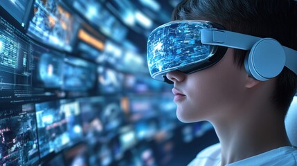 Wall Mural - A young boy wearing virtual reality goggles in front of a wall with screens, AI