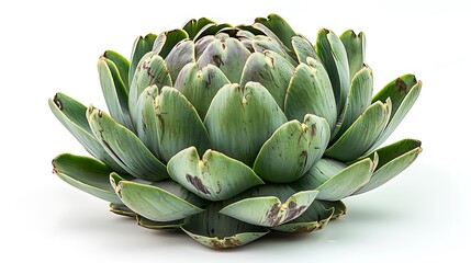 A detailed view of a whole artichoke, isolated against a clean white background, highlighting its natural texture and shape.