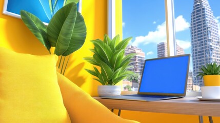 Sticker - A yellow room with a laptop on the desk and plants, AI