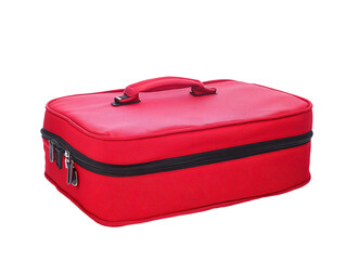 a red suitcase with zippers