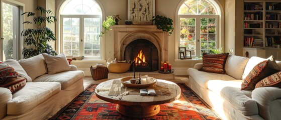 Wooden accent ellipse coffee table between two sofas against fireplace and arched window 