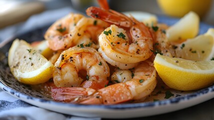 24. A plate of buttery garlic shrimp with a side of lemon wedges