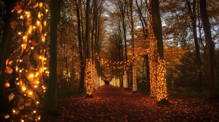 An autumn forest beautifully decorated with lights, showcasing a magical and festive atmosphere. The image captures the vibrant fall foliage illuminated by strings of glowing lights, 