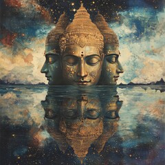 Canvas Print - A painting of a three-headed deity with a starry night sky and a reflection in the water.