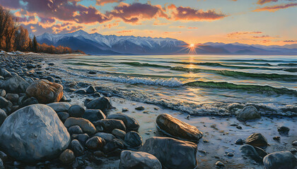 Wall Mural - A breathtaking sunrise over a calm lake with mountains in the background, the sun reflecting off the water and casting a warm glow.