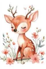 Wall Mural - Watercolor illustration of a happy little deer with flowers, cartoon style, isolated on white.