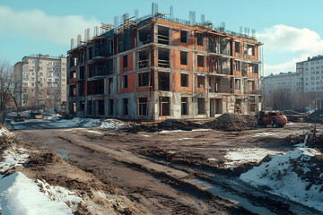 Unfinished Building Construction Site, Winter Construction, Urban Development