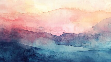Poster - A serene watercolor landscape showcasing soft hues of blue, pink, and purple, evoking tranquility and natural beauty.