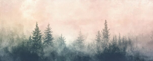 Poster - A serene forest landscape shrouded in mist, featuring tall conifer trees against a soft pastel sky, evoking a sense of tranquility.