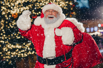 Wall Mural - Photo of excited delighted aged santa carry bag raise fist enjoy fairy atmosphere newyear tree garland lights outdoors