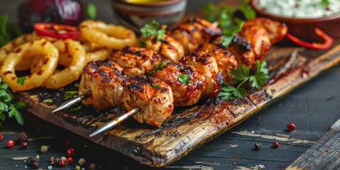 Flavorful chicken shish kebab presented on a rustic wooden board accompanied by golden onion rings and fresh parsley Indulge in this enticing dish to satiate your cravings