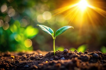 young sapling growing on ground in morning sunlight
