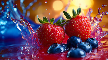 Wall Mural - Fresh strawberries and blueberries splashing in water.