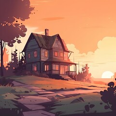 Vector illustration of a country house at sunset. Cartoon style. 