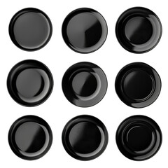 Aerial view of nine glossy black plates arranged in a neat grid, showcasing their smooth surfaces and circular shapes